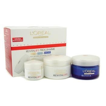 L'Oreal Revital Lift Programme set includes a white day cream jar, a blue night cream jar, and a small white eye cream jar, all packaged in a red and white box.