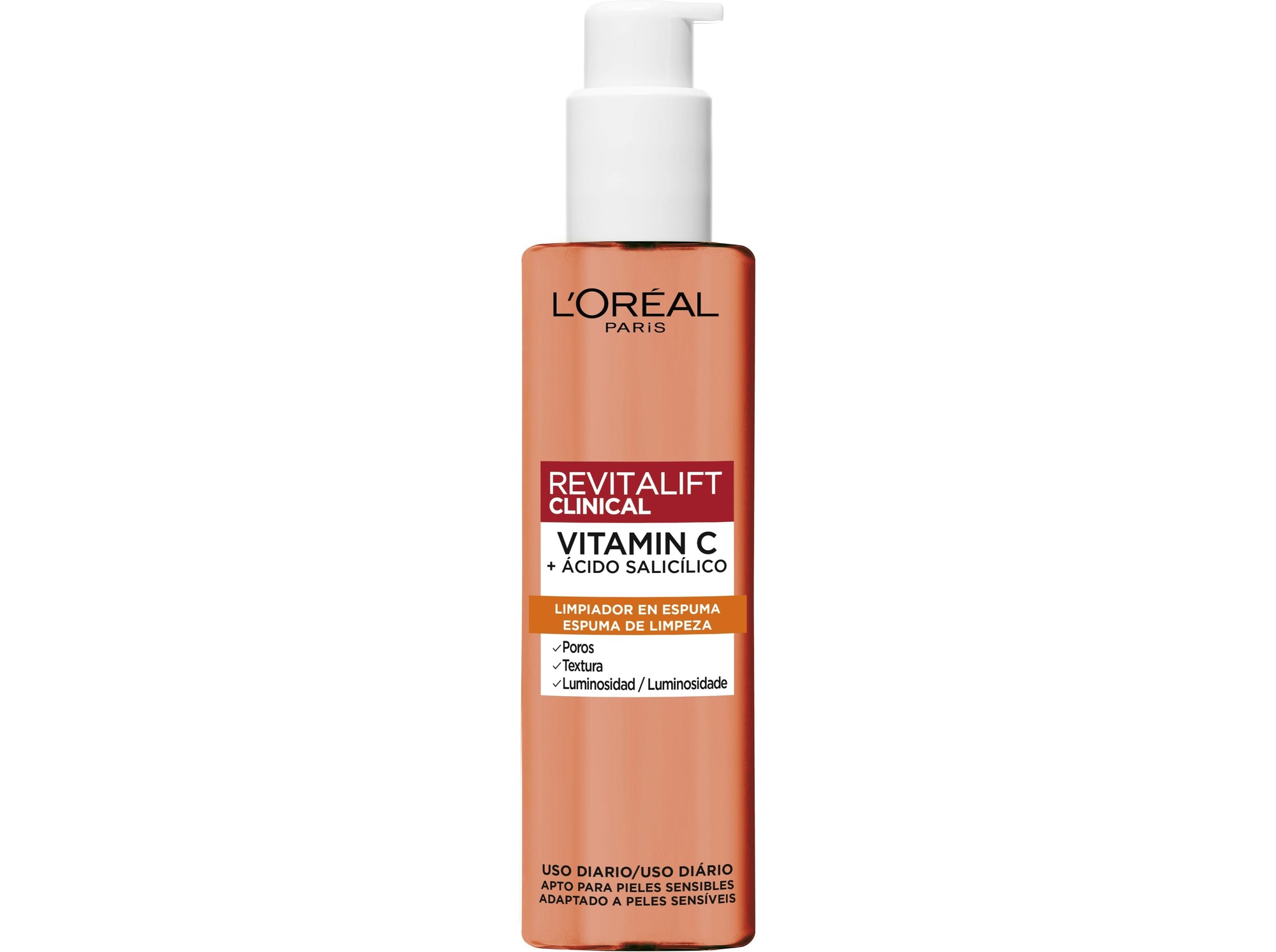 L'Oreal Paris Revitalift Vitamin C + Salicylic Acid Foam Cleanser in a 150 ml amber bottle with a white pump, featuring vibrant orange and white labeling for key product details.