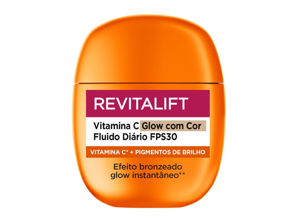 Bright orange jar with a smooth finish, labeled "Revitalift Vitamina C Fluido Diário FPS30," featuring a white and red text design, indicating a daily use cream with SPF 30.