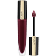 L'Oreal Paris Rouge Signature Metallics Liquid Lipstick in shade 205 Fascinate, featuring a sleek black and gold tube with a pointed applicator and a deep burgundy color.