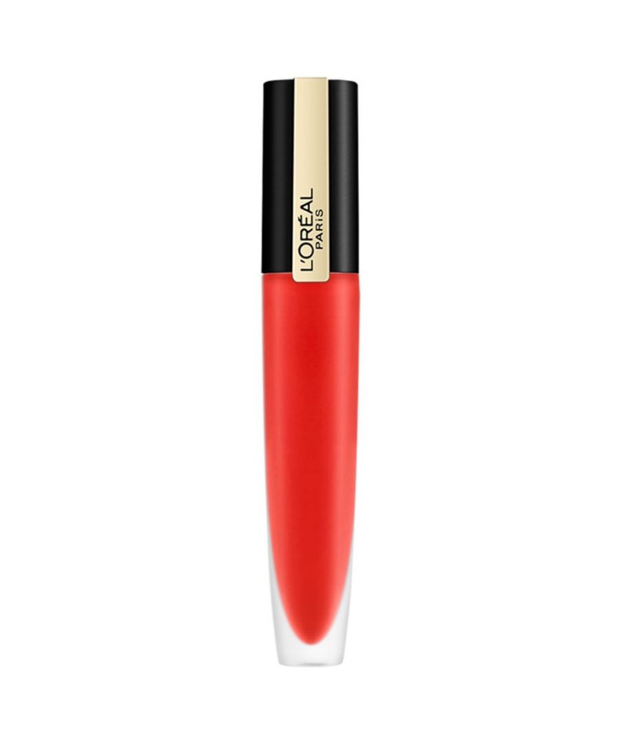 L'Oreal Paris Rouge Signature Matte Lipgloss in shade 113, featuring a sleek black and gold cap, with a vibrant red liquid formula in a transparent tube.