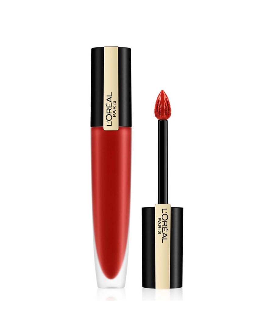 L'Oreal Paris Rouge Signature Matte Lipgloss in shade 115 "I Am Worth It," featuring a sleek black and gold tube with a pointed applicator and a vibrant red gloss.
