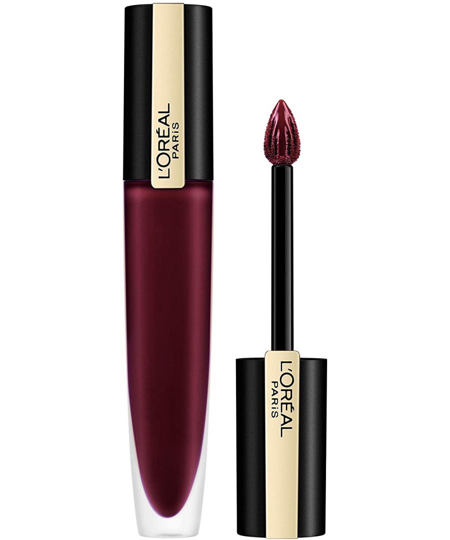 L'Oreal Paris Rouge Signature Metallic Ink Lipgloss in shade 205 I Fascinate, featuring a sleek black and gold tube with a pointed applicator and deep burgundy color.