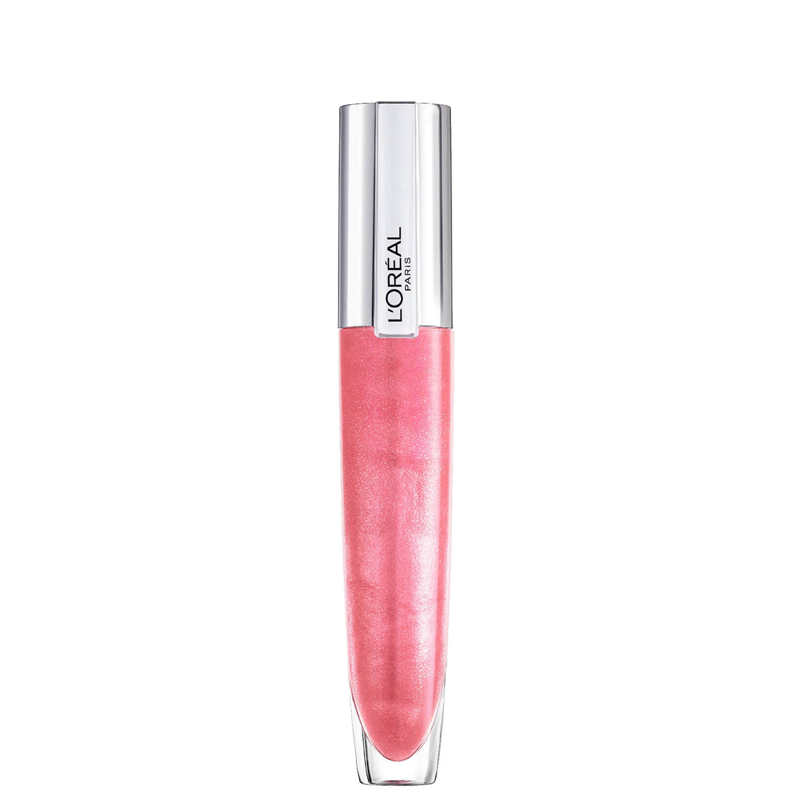 L'Oreal Rouge Signature Plump Lipgloss in shade 406 I Amplify, featuring a sleek, transparent tube with a silver cap and a shimmering pink gloss inside.
