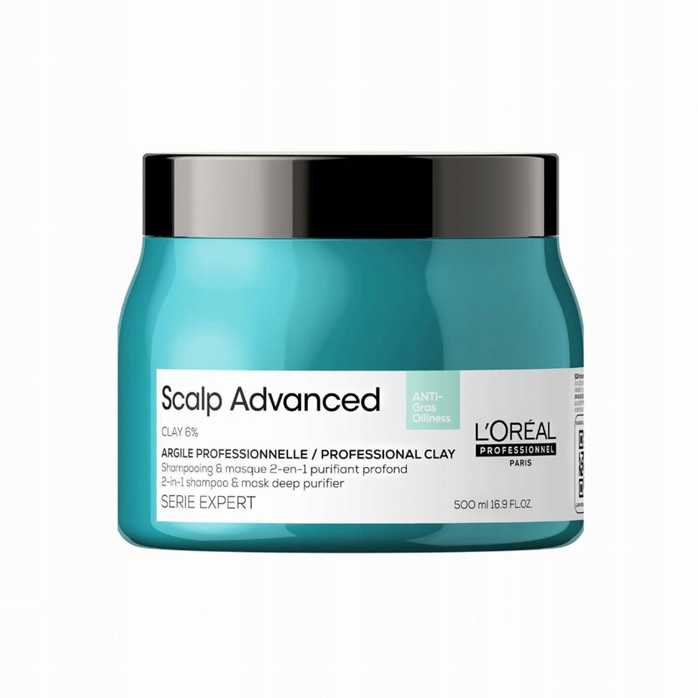 Turquoise jar with a sleek design, labeled "Scalp Advanced" and "Serie Expert," containing 500 ml of purifying hair treatment cream mask for oily scalps.
