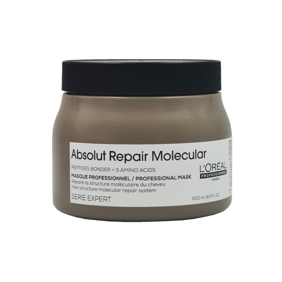 L'Oréal Série Expert Absolut Repair Molecular Leave-in Mask in a 500ml beige jar, featuring a black and white label with product details and a sleek, modern design.