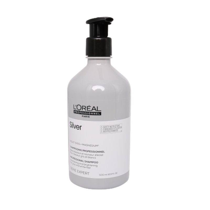 L'Oréal Professionnel Silver Shampoo in a sleek, gray plastic bottle with a black pump, labeled with bold black text and a white background, 500 ml size.
