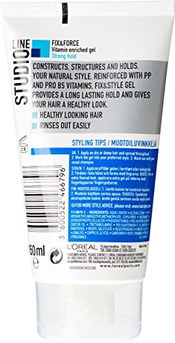 L'Oréal Paris Studio Line Fix & Style Multi Vitamin Gel in a 150 ml tube, featuring a sleek design with a white body, blue accents, and clear labeling of product details and benefits.