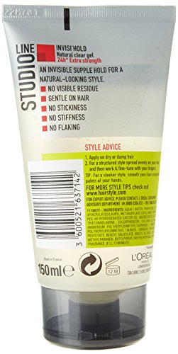 Clear gel in a 150ml squeeze tube, featuring a black and silver design with product details in bold text, emphasizing strong hold and no flaking for natural styles.
