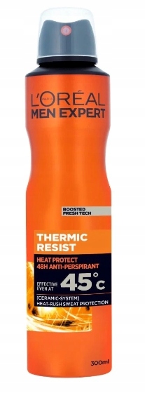 L'Oreal Men Thermic Resist Antiperspirant in a sleek orange canister, featuring a black cap and bold text highlighting heat protection up to 45°C, with a 300ml capacity.