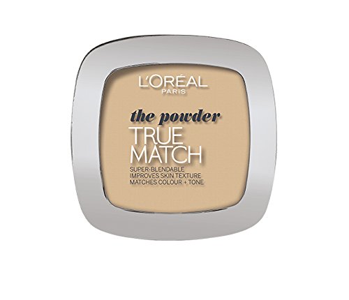 Debenhams True Match Powder Foundation in Beige by L'Oreal Paris, featuring a sleek silver compact with a smooth, light beige powder inside.