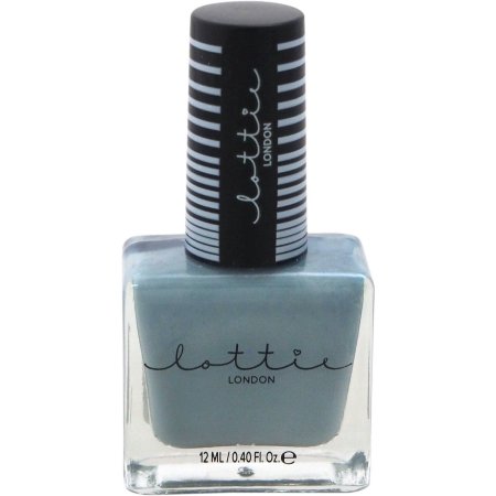 Light blue nail polish in a square glass bottle with a black and white striped cap, labeled "Lottie London" and containing 12ml of product.