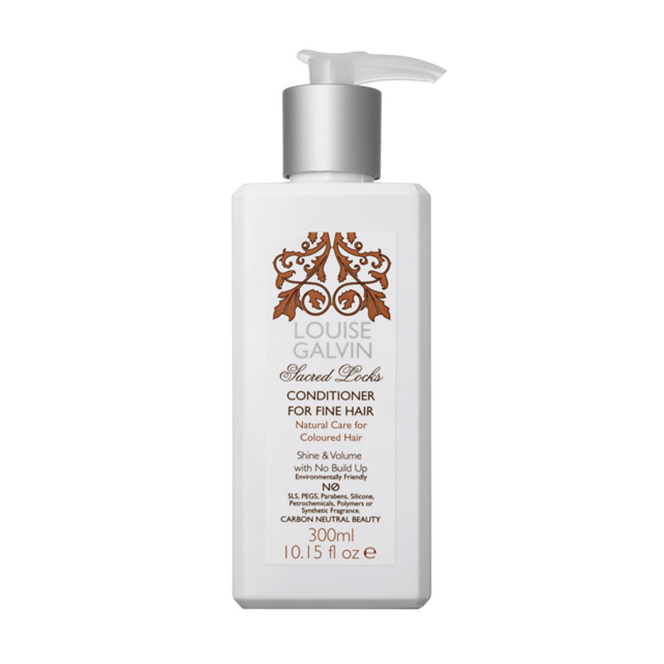 White bottle of Louise Galvin Conditioner for Fine Hair, featuring a pump dispenser, elegant brown logo, and text highlighting natural care for colored hair, 300ml size.
