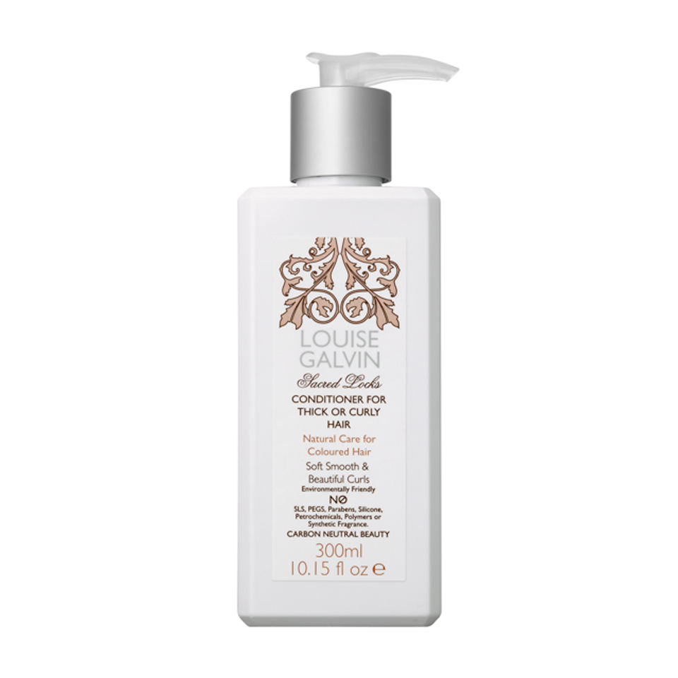 White bottle with a pump dispenser, featuring elegant brown floral design and text, labeled "Louise Galvin Conditioner for Thick or Curly Hair," 300ml size.