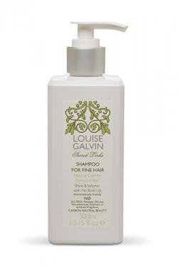 White plastic bottle with a pump dispenser, labeled "Louise Galvin Shampoo for Fine Hair," featuring elegant green and gold design elements, 300ml capacity.
