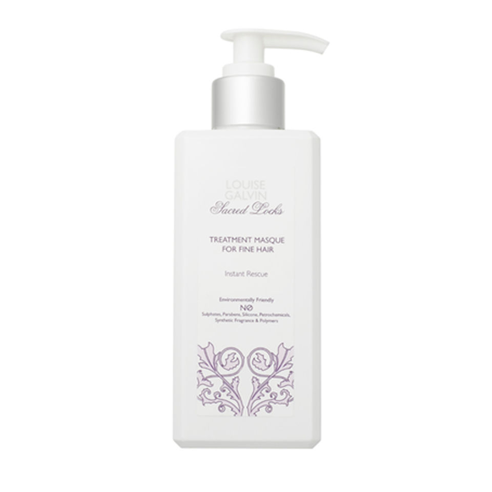 White pump bottle with a sleek design, labeled "Louise Galvin Treatment Masque for Fine Hair," featuring purple floral accents and "Instant Rescue" text, 300ml size.