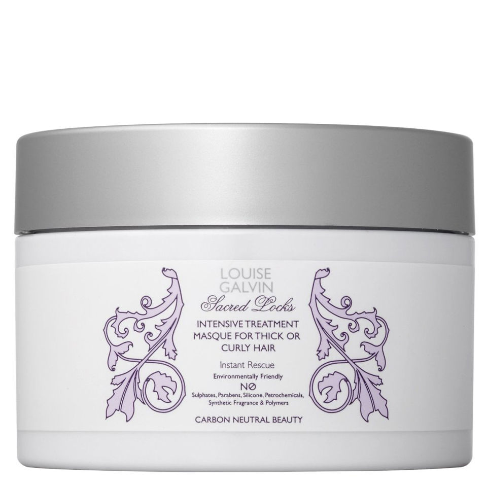 White container with a silver lid, labeled "Louise Galvin Treatment Masque for Thick or Curly Hair," featuring decorative purple swirls and "Instant Rescue" text.