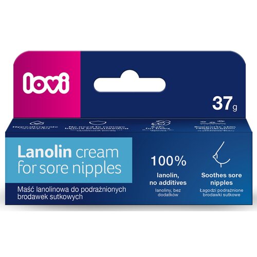 LOVI Lanolinový Krém Na Bradavky 37g in a blue and pink box, featuring white text highlighting "100% lanolin" and "soothes sore nipples," with a simple, clean design.