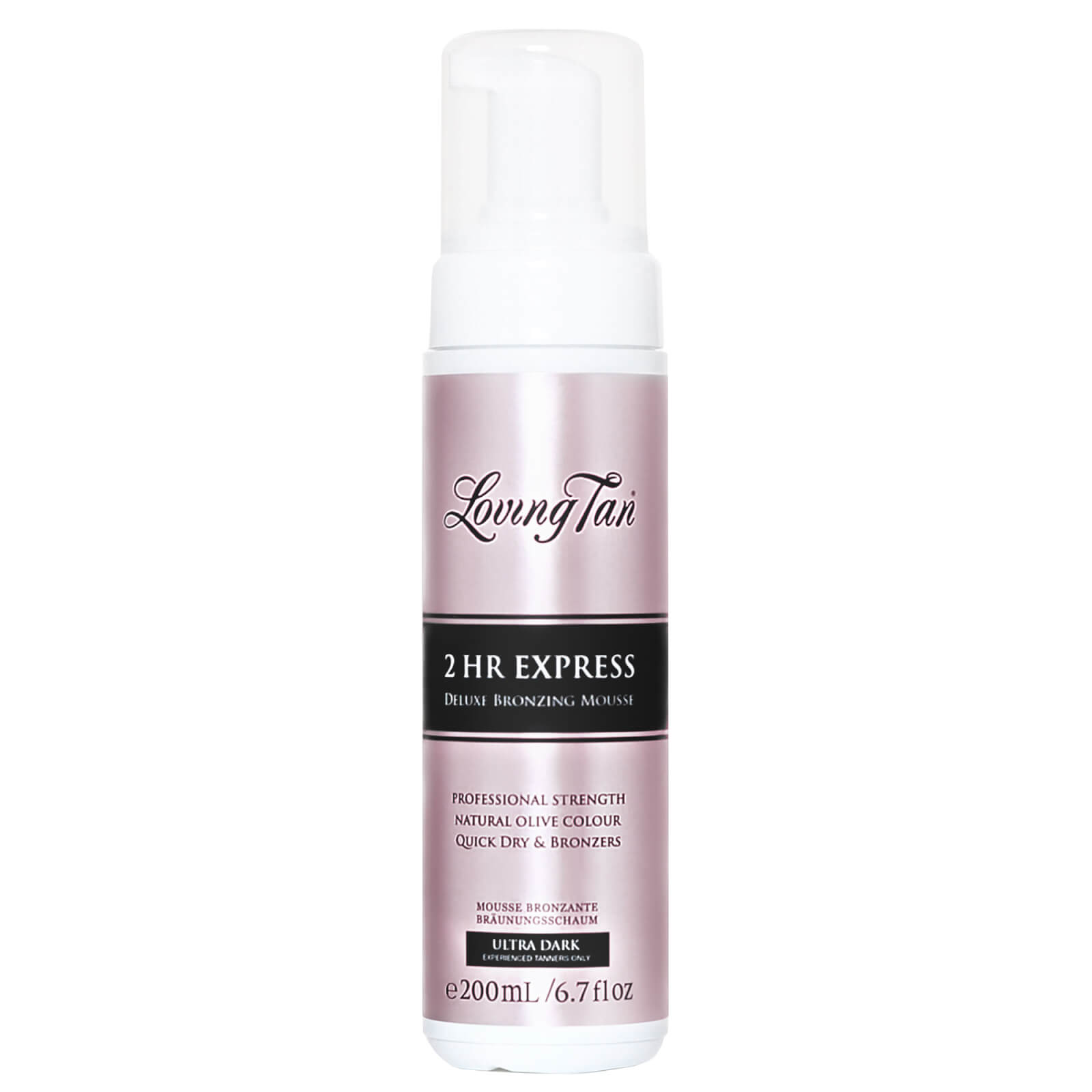 Loving Tan 2 HR Express Mousse in a sleek pink bottle with a black label, featuring "Ultra Dark" and "Deluxe Bronzing Mousse" text, designed for quick tanning results.