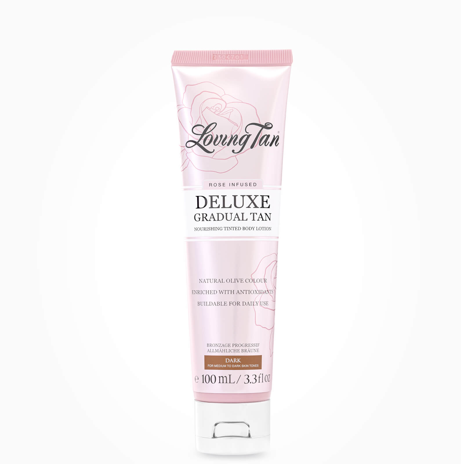Light pink tube with a floral design, labeled "Loving Tan Rose Infused Deluxe Gradual Tan," 100ml size, featuring a dark tan formula for daily use.