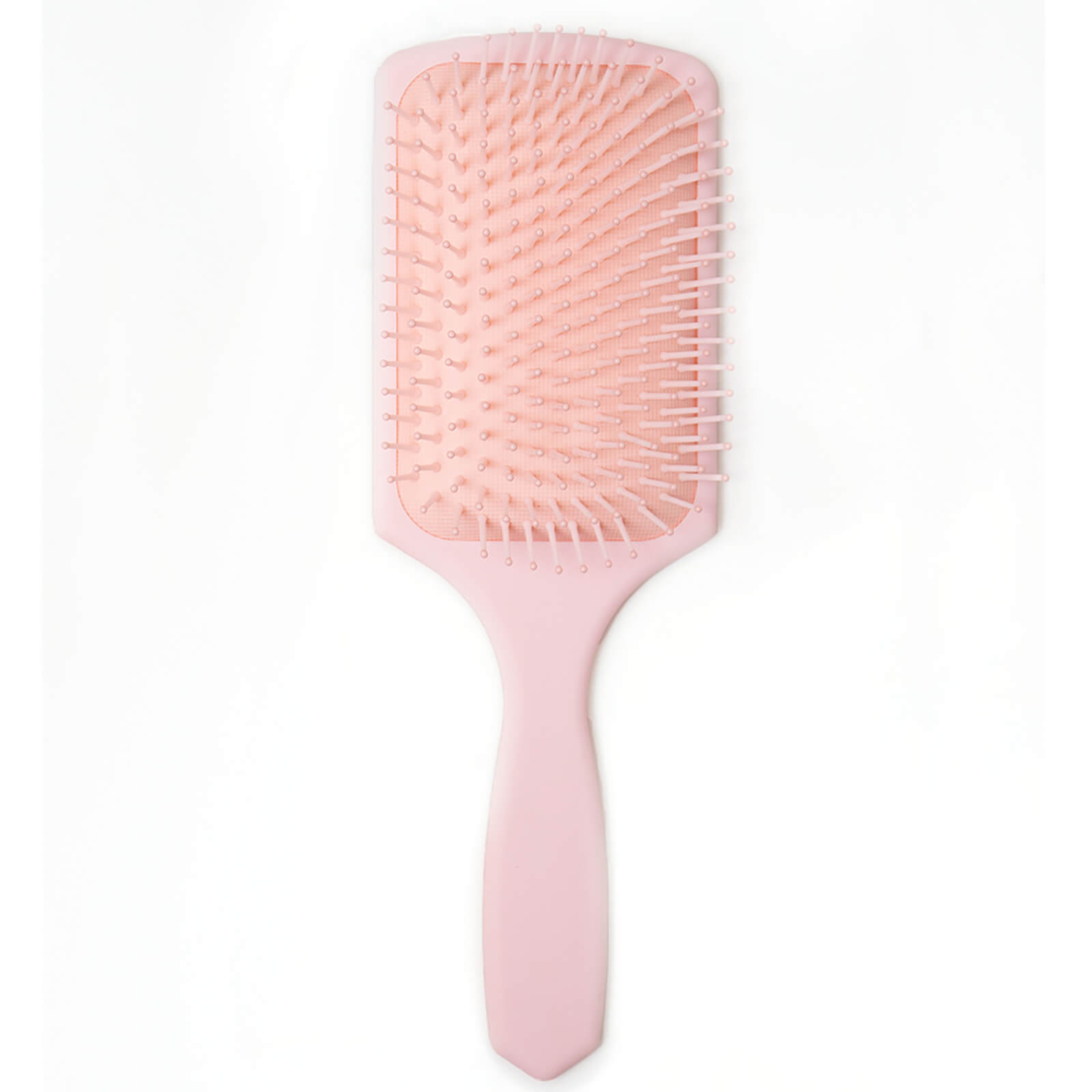 Pink paddle brush with a wide rectangular head, flexible bristles, and a sturdy handle, designed for detangling hair smoothly.