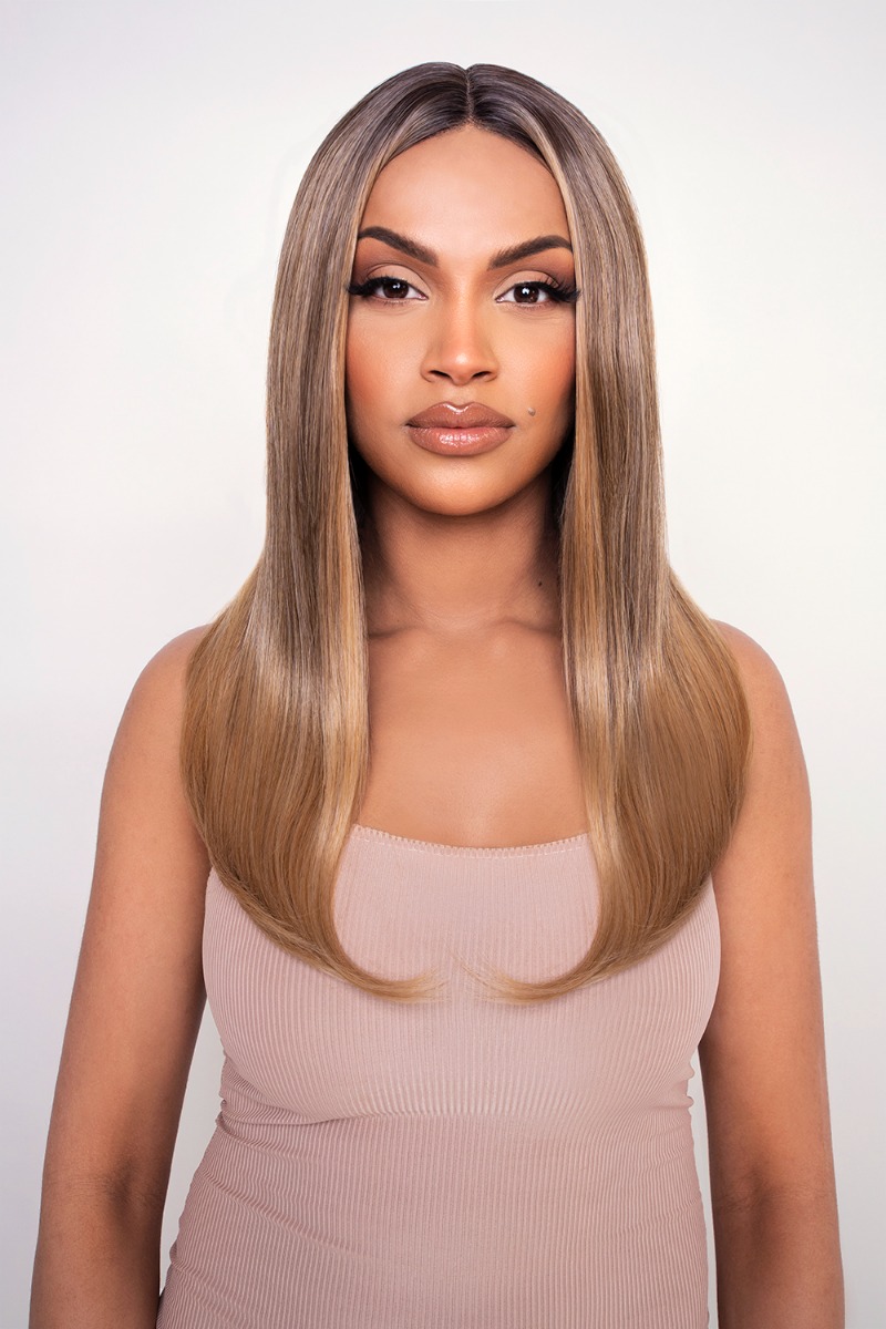 Balayage bronde MIDI curve lace front wig featuring long, straight hair with a smooth finish, blending warm blonde and light brown shades, styled on a model with a neutral background.