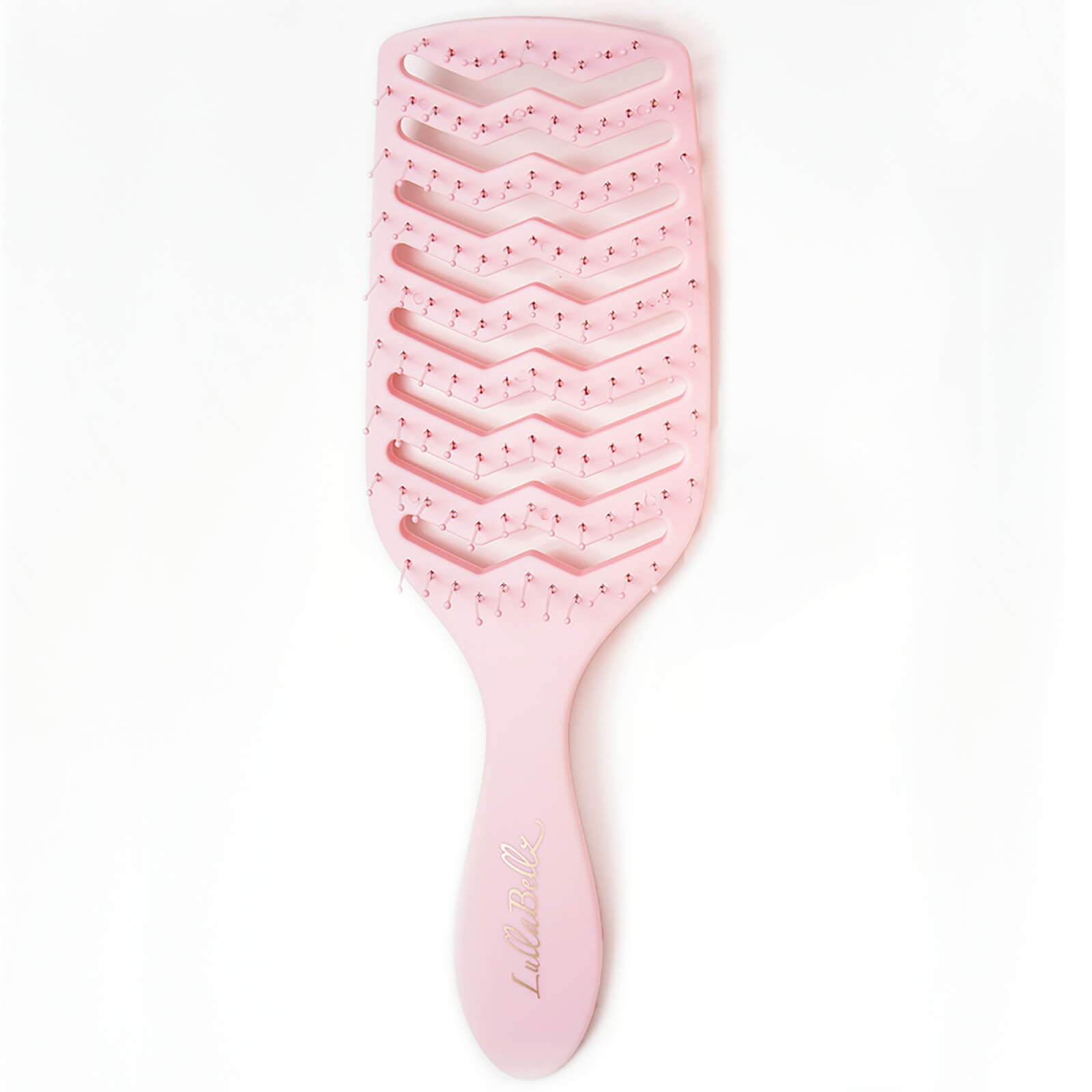 Pink vent brush with a zigzag design, featuring flexible bristles and a comfortable handle, branded with "Lullabellz" in gold lettering.