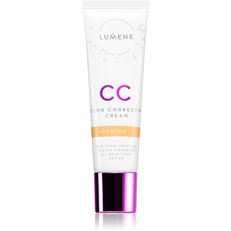 Lumene Color Correcting CC Cream in a white tube with a purple cap, labeled "CC" and "Medium," offers SPF 20 for even skin tone in a 30 ml size.