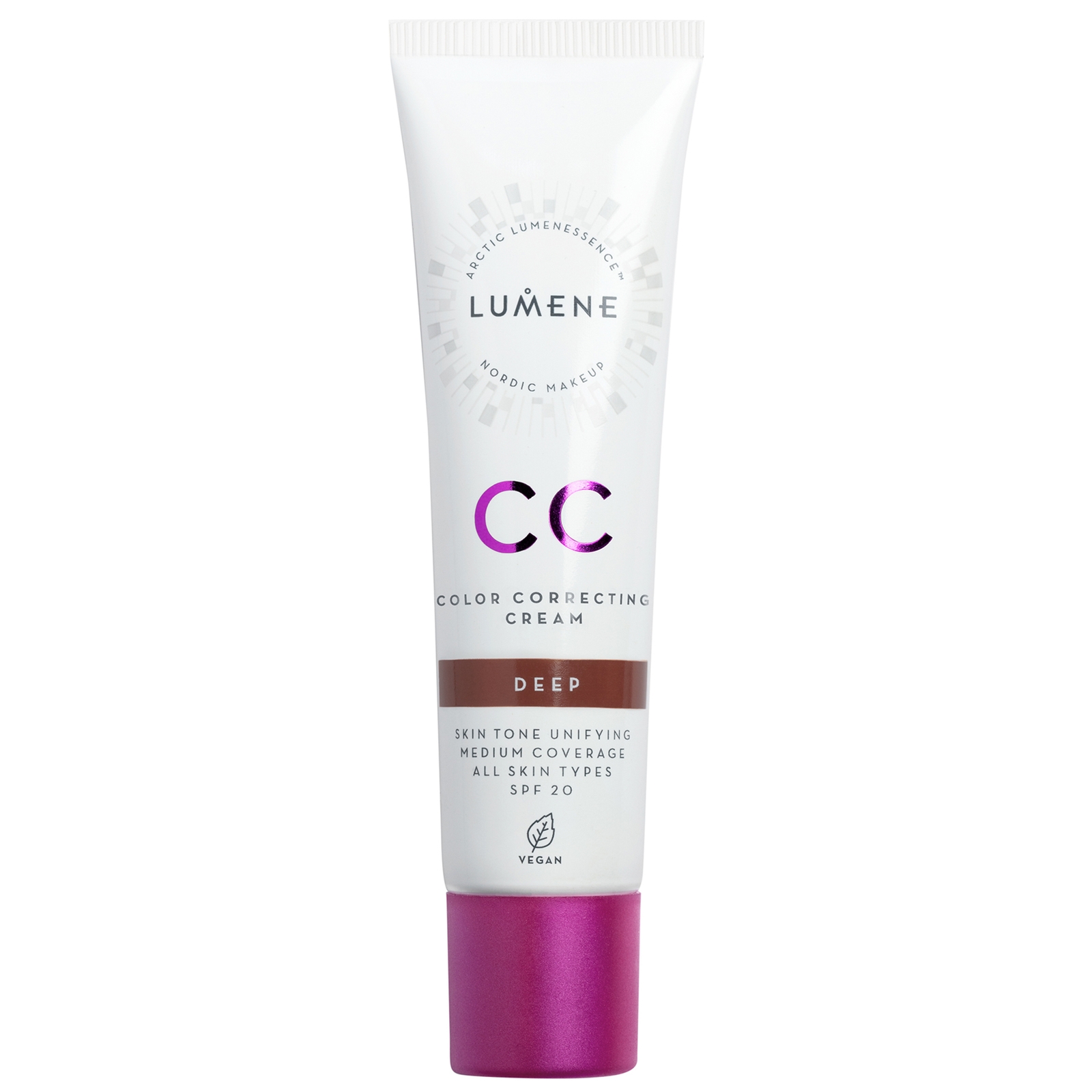 Lumene Allume CC Color Correcting Cream in a 30ml tube, featuring a white body with purple accents, labeled "DEEP," and indicating SPF 20 for medium coverage suitable for all skin types.