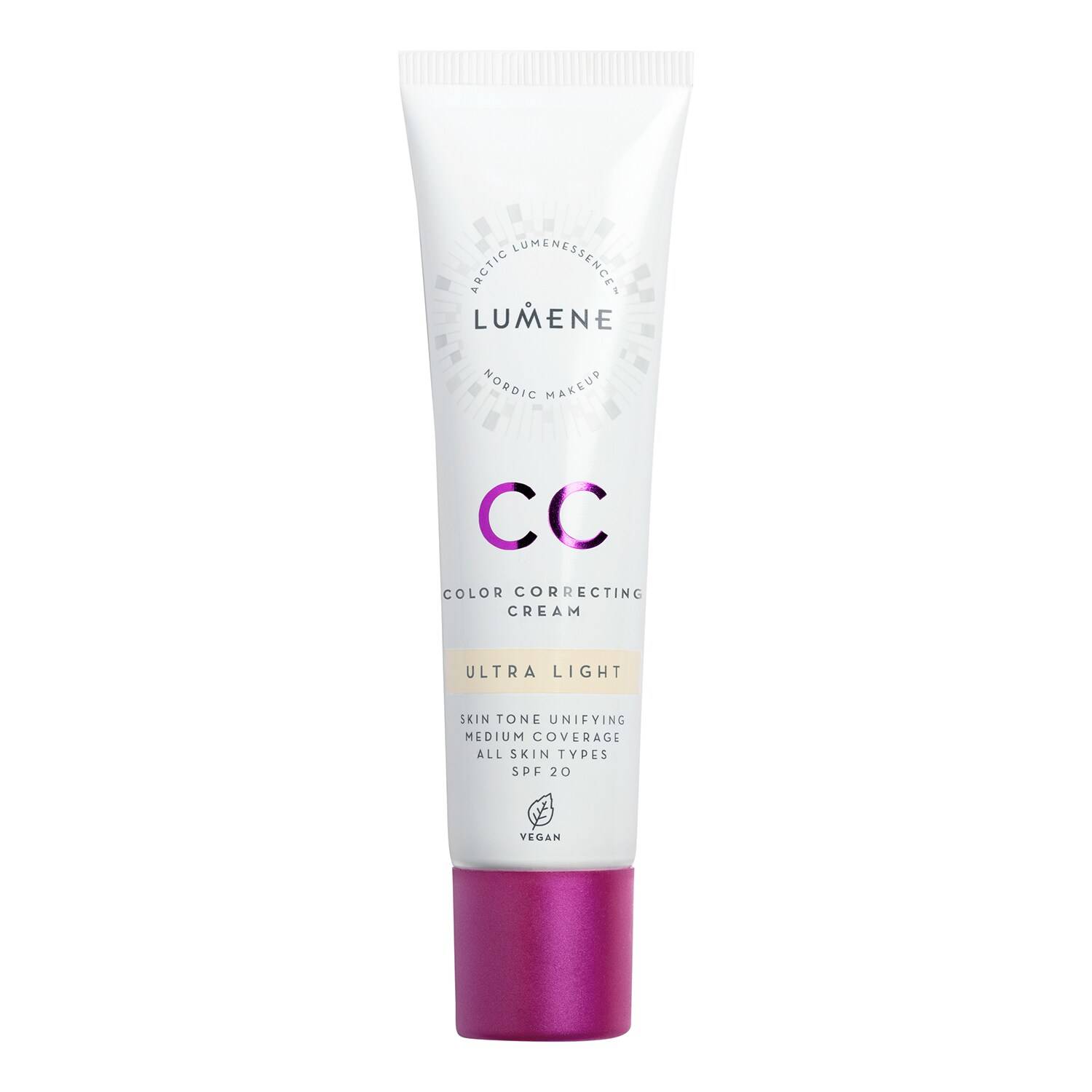White tube with a purple cap, labeled "Lumene CC Color Correcting Cream SPF20" in elegant font, featuring a sunburst design and "Ultra Light" text.