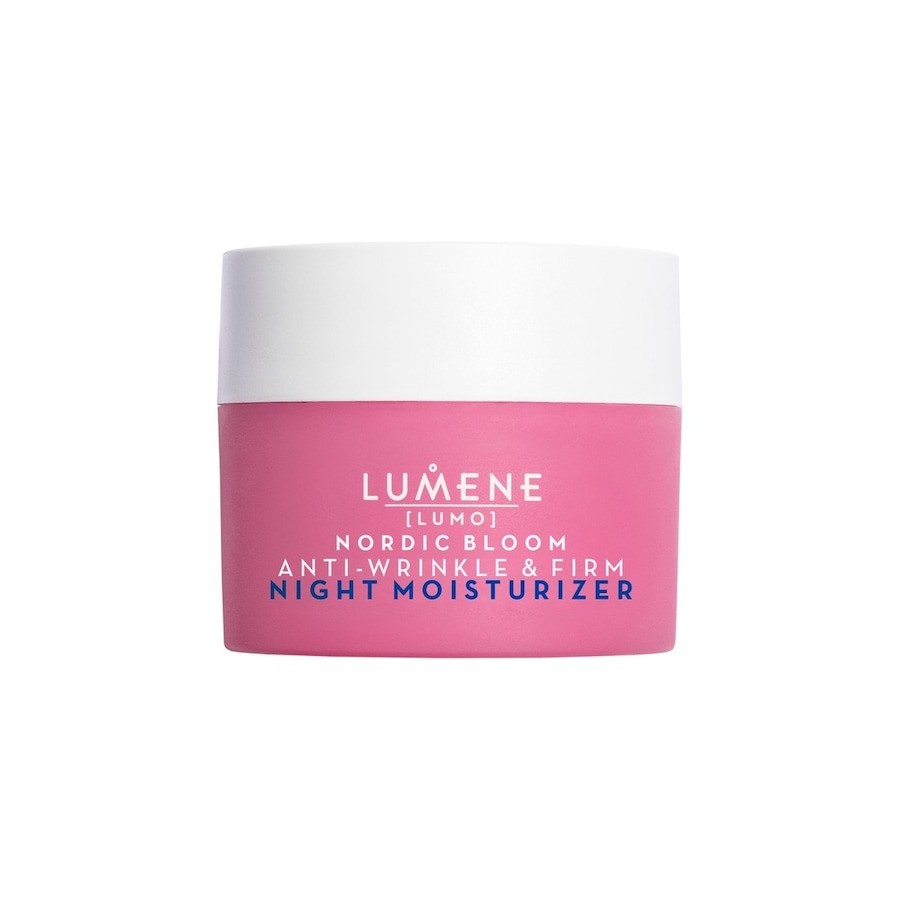 Pink jar with a white lid labeled "Lumene Nordic Bloom [LUMO] Anti-wrinkle & Firm Night Moisturizer" in blue text, designed for combating signs of aging, 50 ml.