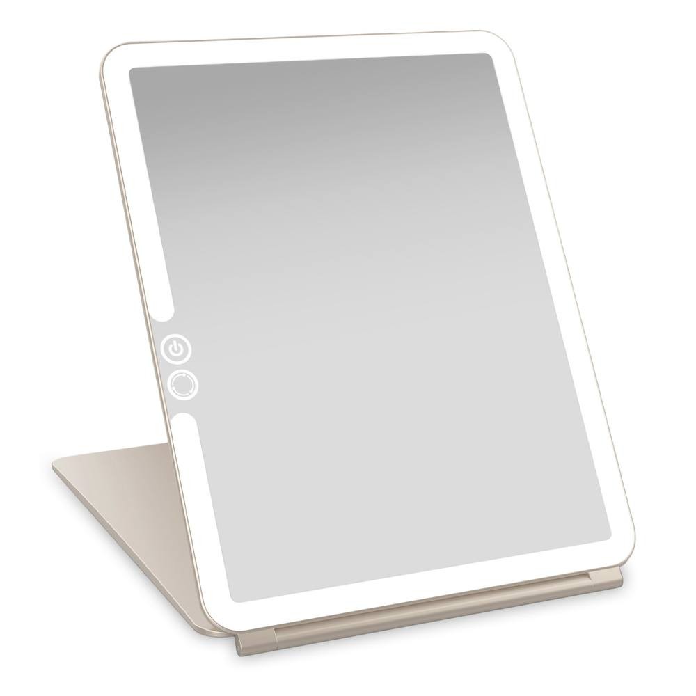 Beige LED lighted rechargeable vanity makeup mirror with a sleek design, featuring a touch power button and a foldable stand for easy travel.
