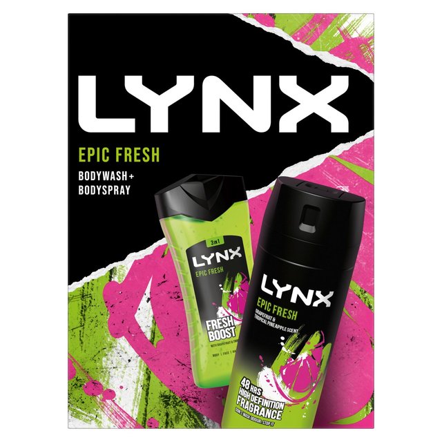 Lynx Epic Fresh gift set featuring a green body wash and a black bodyspray, both labeled with bold "LYNX" branding, set against a vibrant black and green background.