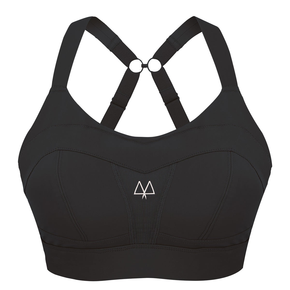 Black high-impact sports bra featuring adjustable straps, a sleek design, and a logo at the center, made from a stretchy, moisture-wicking material.
