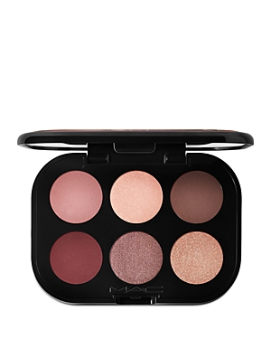Burgundy-themed eye shadow palette with six shades, including matte and shimmer finishes, housed in a sleek black compact with a transparent lid.