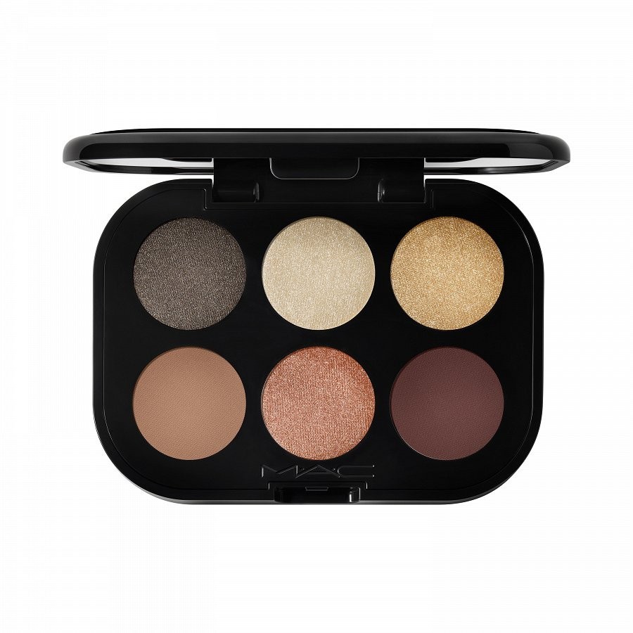 MAC Connect Eyeshadow Palette in Intimate Nudes features six shades: two matte browns, a shimmery gold, a glittery gold, a bronze, and a dark burgundy, all in a sleek black compact.