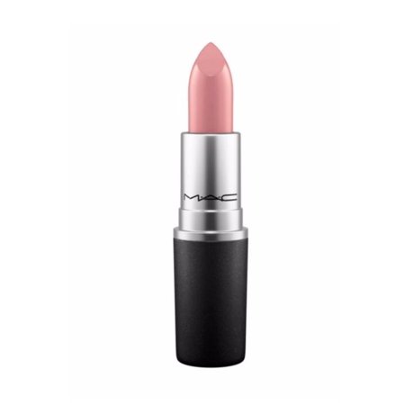 Cremesheen Lipstick in shade 213 Modesty, featuring a soft pink hue, housed in a sleek silver and black tube with the MAC logo prominently displayed.