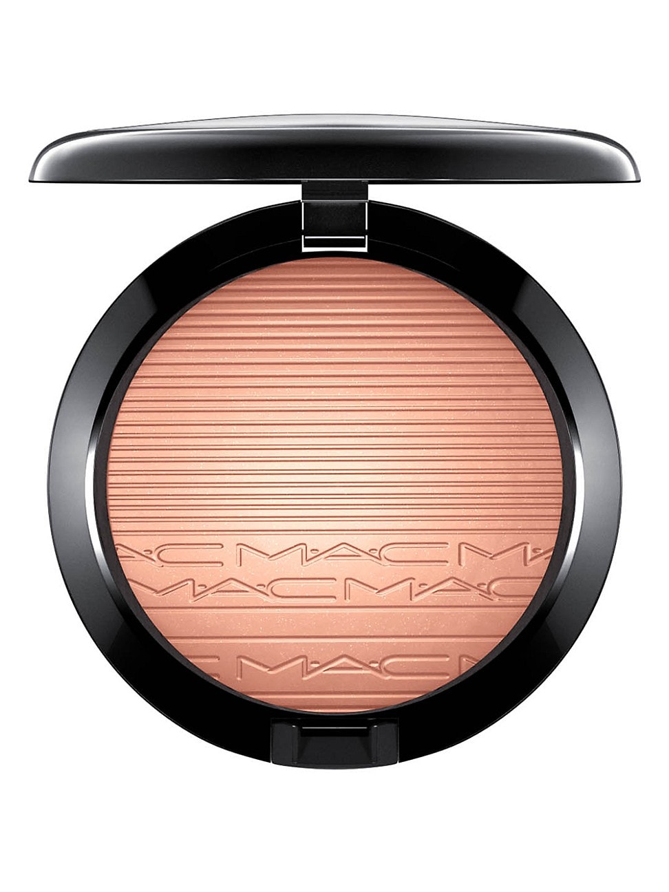 Round compact featuring a warm, shimmery peach powder with a ribbed texture and embossed "MAC" logo, enclosed in a sleek black case.