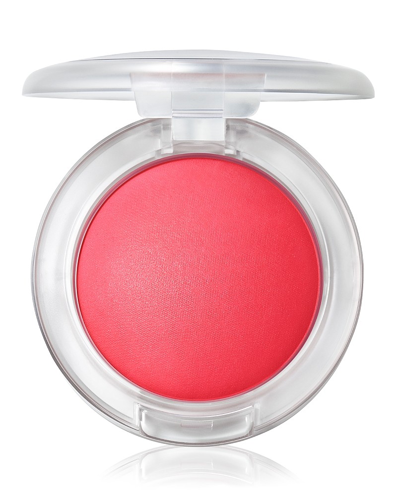 Bright coral blush in a clear, round compact with a smooth texture, labeled "MAC Glow Play Blush - Heat Index," showcasing a vibrant, blendable formula.