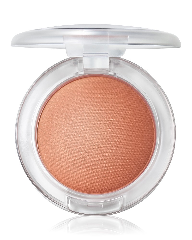 Cushiony blush in a round, clear compact featuring a soft peachy-orange hue with a silky texture, labeled "SO NATURAL" by MAC Cosmetics.