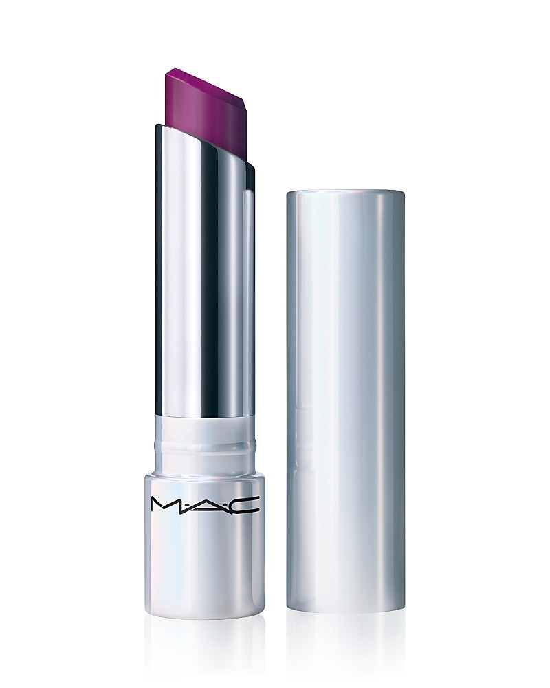 MAC Glow Play Tendertalk Lip Balm in a sleek silver tube, featuring a vibrant purple balm tip, designed for a moisturizing and sheer lip color.