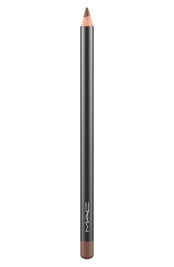 MAC Cosmetics lip pencil in Cork features a sleek black casing with a sharpened tip, showcasing a warm, medium brown shade ideal for defining lips.