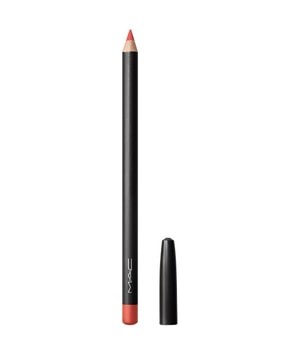 MAC Cosmetics lip pencil in a vibrant flamingo pink shade, featuring a sleek black body with a sharpened tip and a removable black cap.