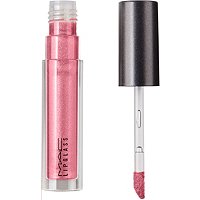 Clear tube of MAC Lipglass in Nymphette, featuring a soft pink hue with shimmer, alongside a black cap and applicator wand with a pink-tinted tip.