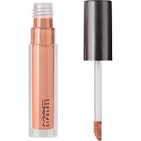 Clear tube of MAC Lipglass Lip Gloss in Lust, featuring a soft peachy nude shade, with a doe-foot applicator and a sleek black cap.