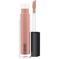 MAC Lipglass Lip Gloss in "Spite," featuring a clear tube with a black cap, showcasing a soft mauve-pink shade and a doe-foot applicator for easy application.
