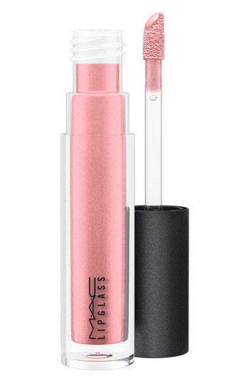 Clear tube of MAC Lipglass Lip Gloss in a soft pink shade with a shimmering finish, featuring a doe-foot applicator for easy application.