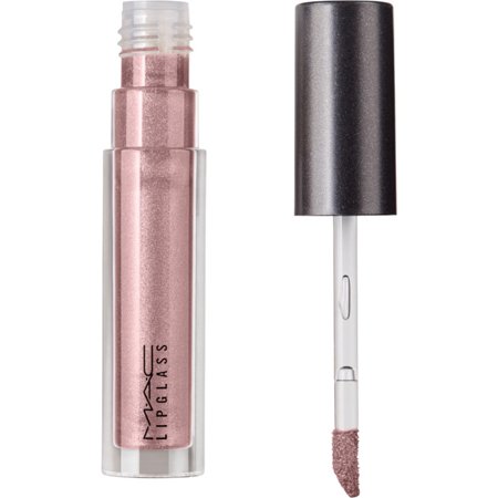 Clear tube of MAC Lipglass with a shimmering rose gold hue, featuring a doe-foot applicator and a sleek black cap.