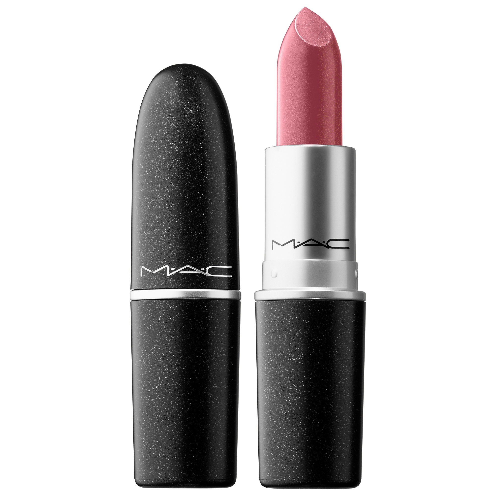 Frost Lipstick in Plum Dandy by MAC, featuring a metallic pink bullet inside a sleek black case with a silver band, showcasing a soft, shimmery finish.