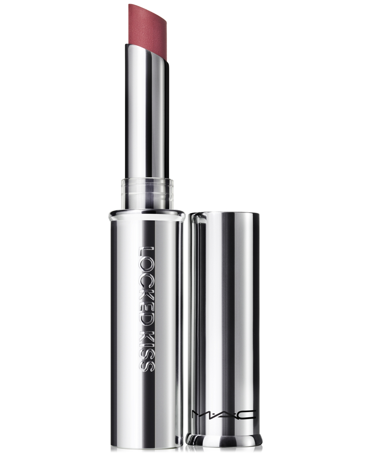MAC Locked Kiss Lipstick features a sleek silver tube with a shiny finish, showcasing a soft, muted rose color in a creamy bullet form.